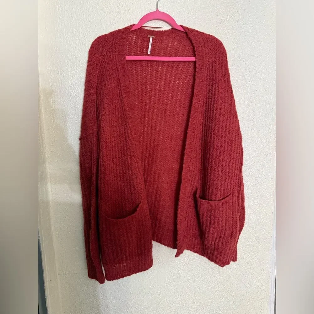 Free People Alpaca Weekend Getaway Red Cardigan Sweater Size XS Oversized fit
